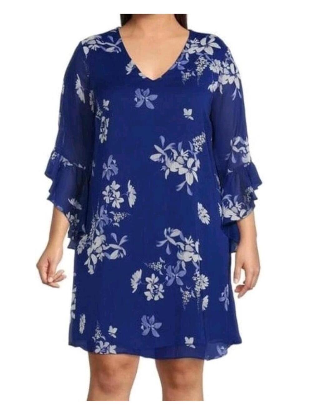 NOWT Calvin Klein size 14W blue White long bell sleeve A-line dress Lightweight